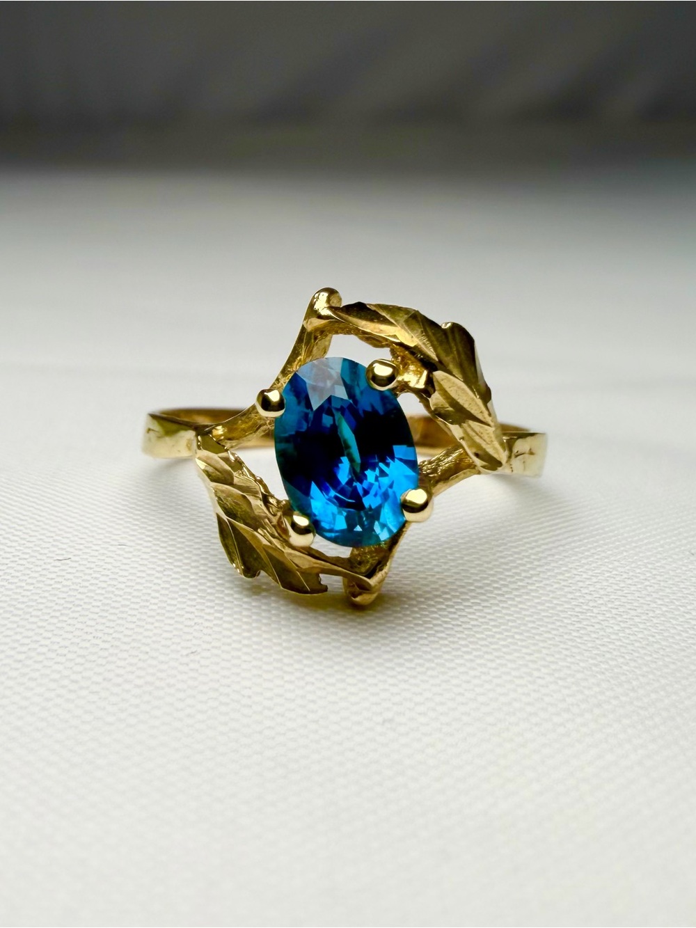 Natural Blue Topaz Floral Leaf Ring 1.15ct Solid 14k Yellow Gold Size 7.75